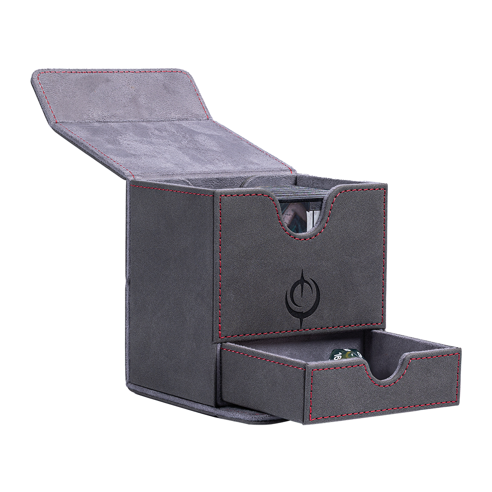 Luxury deck box interior with card storage and dice compartment