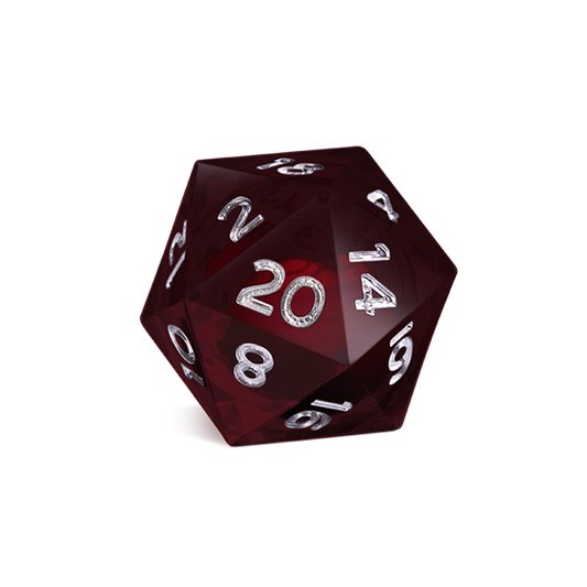 Malediction liquid core D20 die with floating logo and swirling liquid