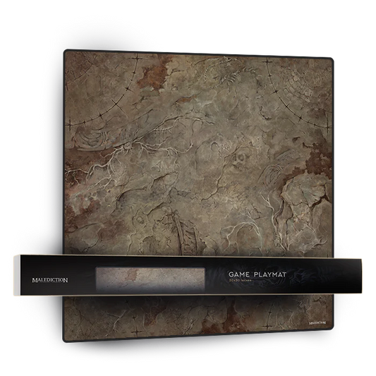 Malediction playmat opened showing deployment zones and game artwork