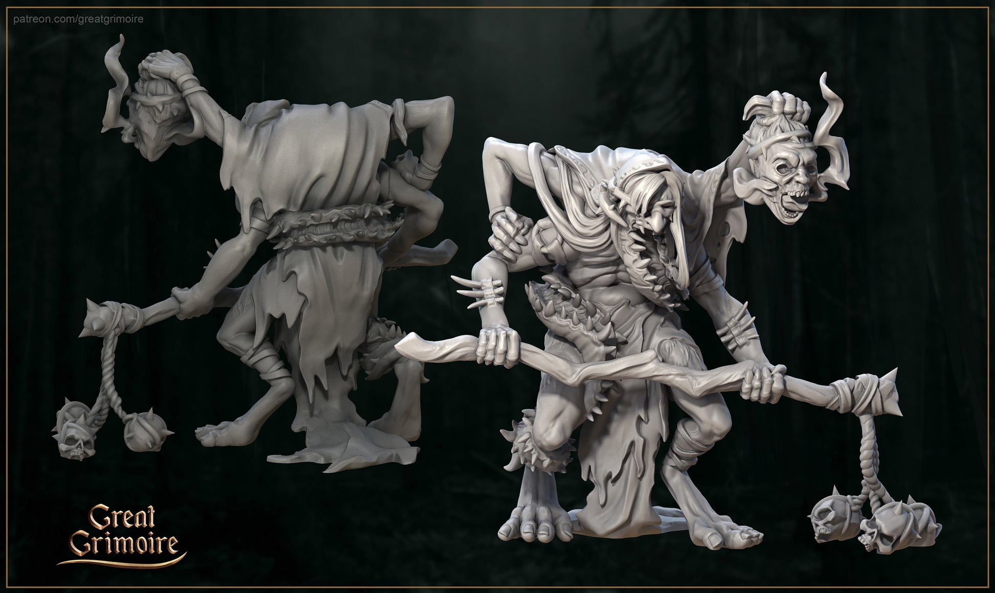 Fantasy 3D model of a hunchbacked witch wielding a skull-topped staff in tattered robes