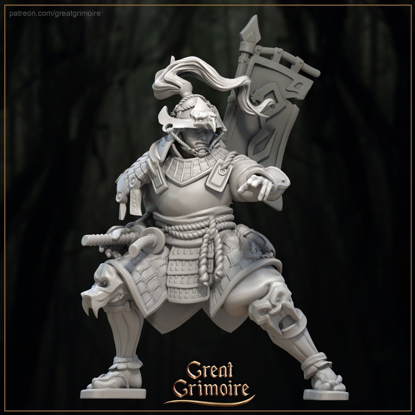 Samurai miniature figure in ornate armor with sword and banner, forest background, Great Grimoire