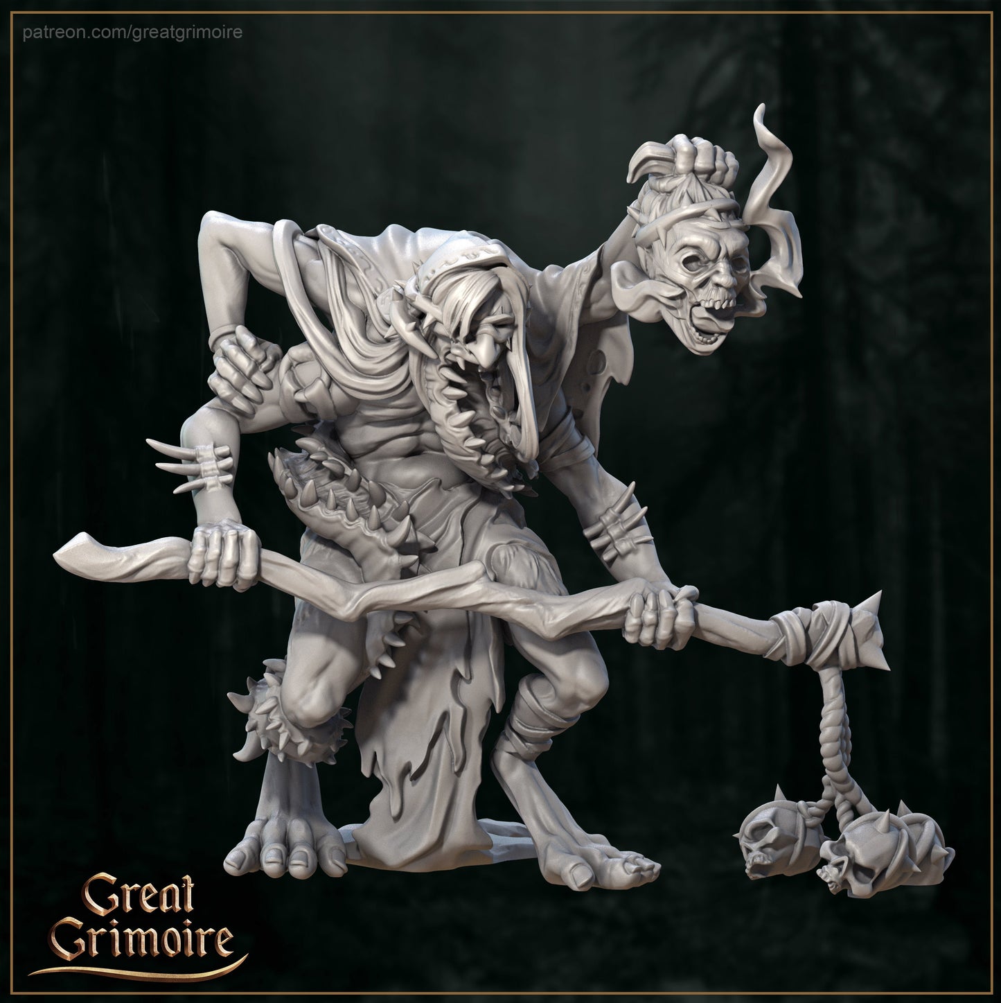 Fantasy ogre figurine with skull-topped staff and two heads, forest background, Great Grimoire