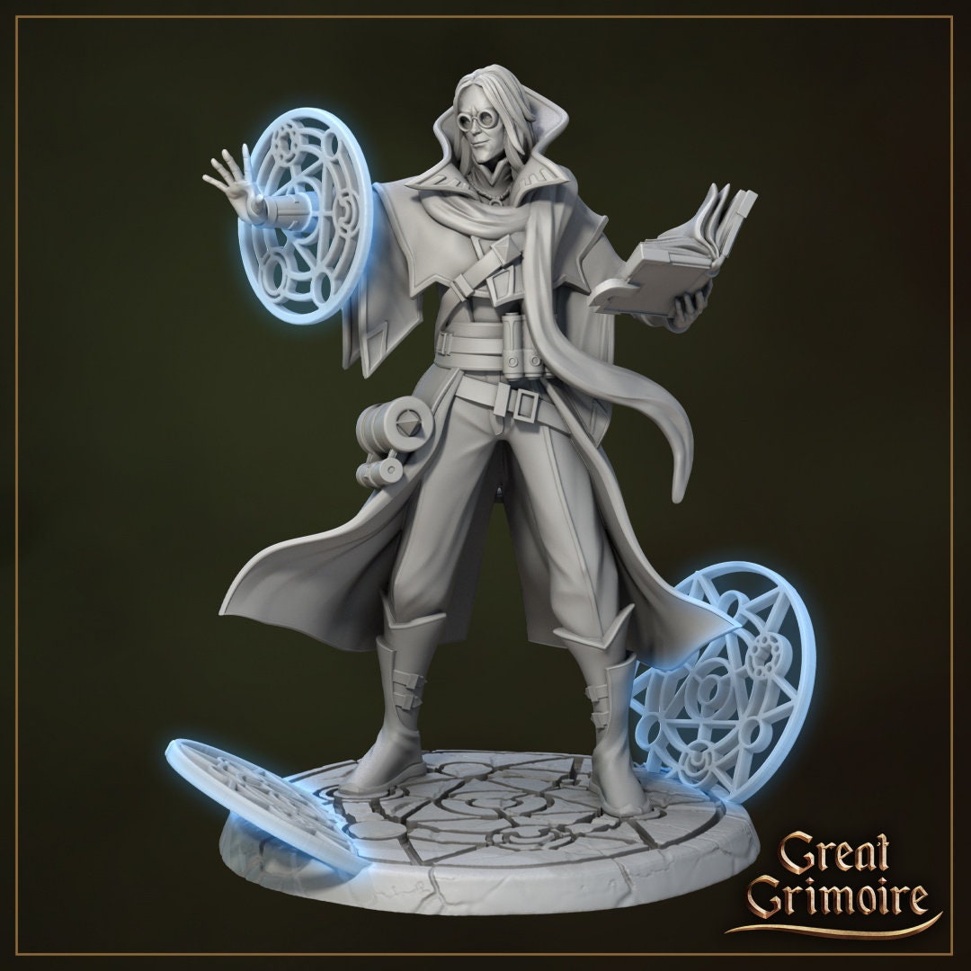 3D printed wizard miniature with magic circles, spellbook, and scrolls, Great Grimoire