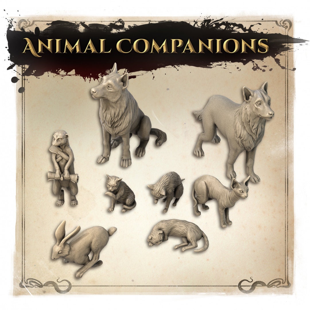 Animal companion miniatures set with detailed dog, cat, rabbit, wolf, monkey, and fox figures.
