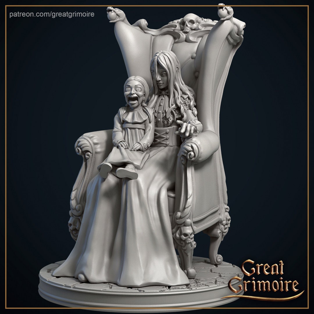 Gothic fantasy figurine of a woman with ventriloquist dummy on ornate skull throne