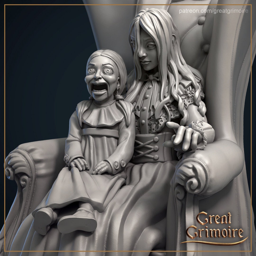Creepy doll and woman sculpture on ornate chair, gothic horror decor, Great Grimoire design