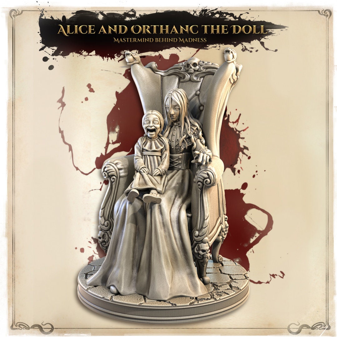Alice and Orthanc the Doll miniature figure on ornate throne, gothic fantasy decor