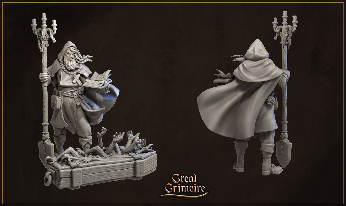 Gray wizard miniature with staff, spellbook, and undead hands rising from a coffin base