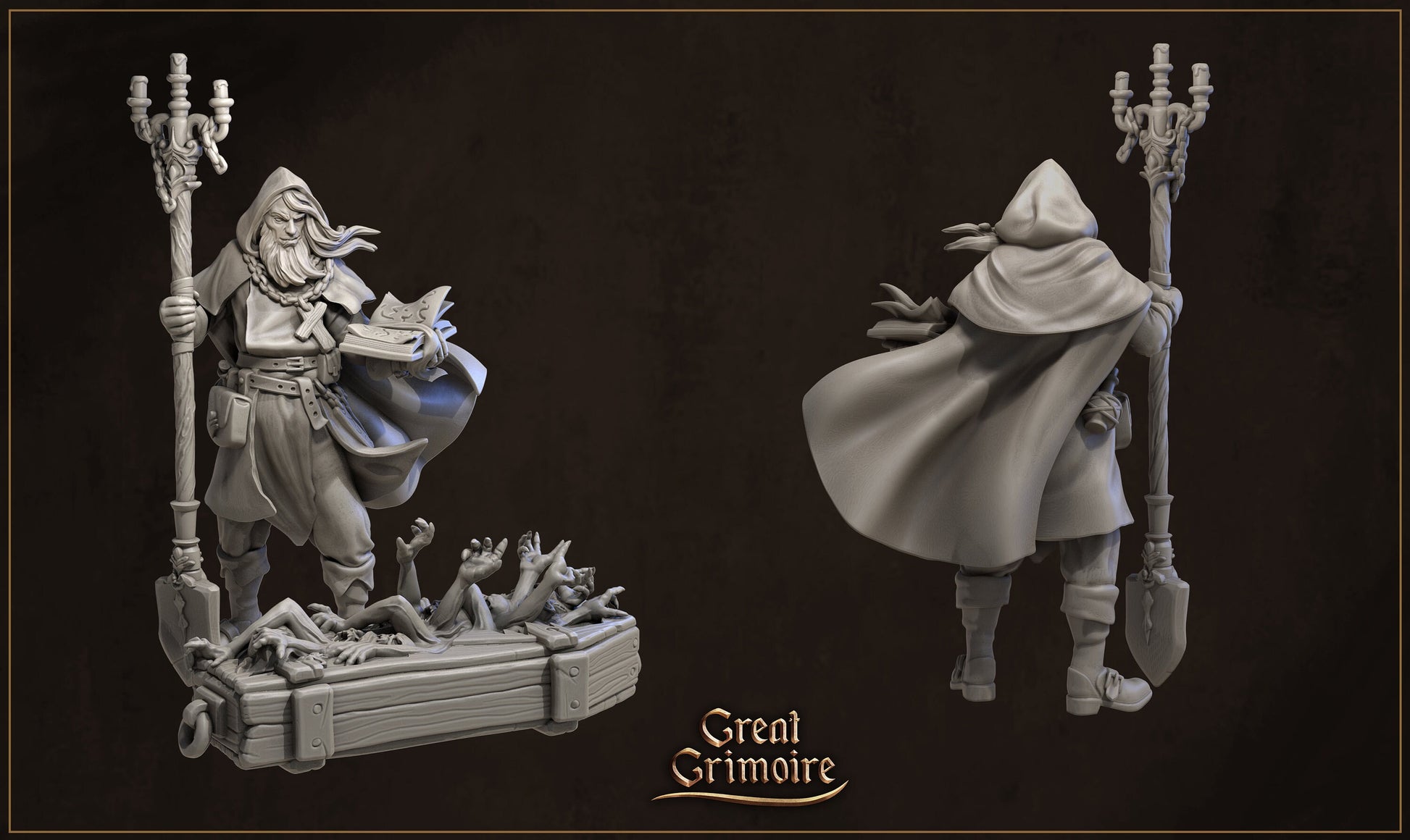 Gray wizard miniature with staff, spellbook, and undead hands rising from a coffin base