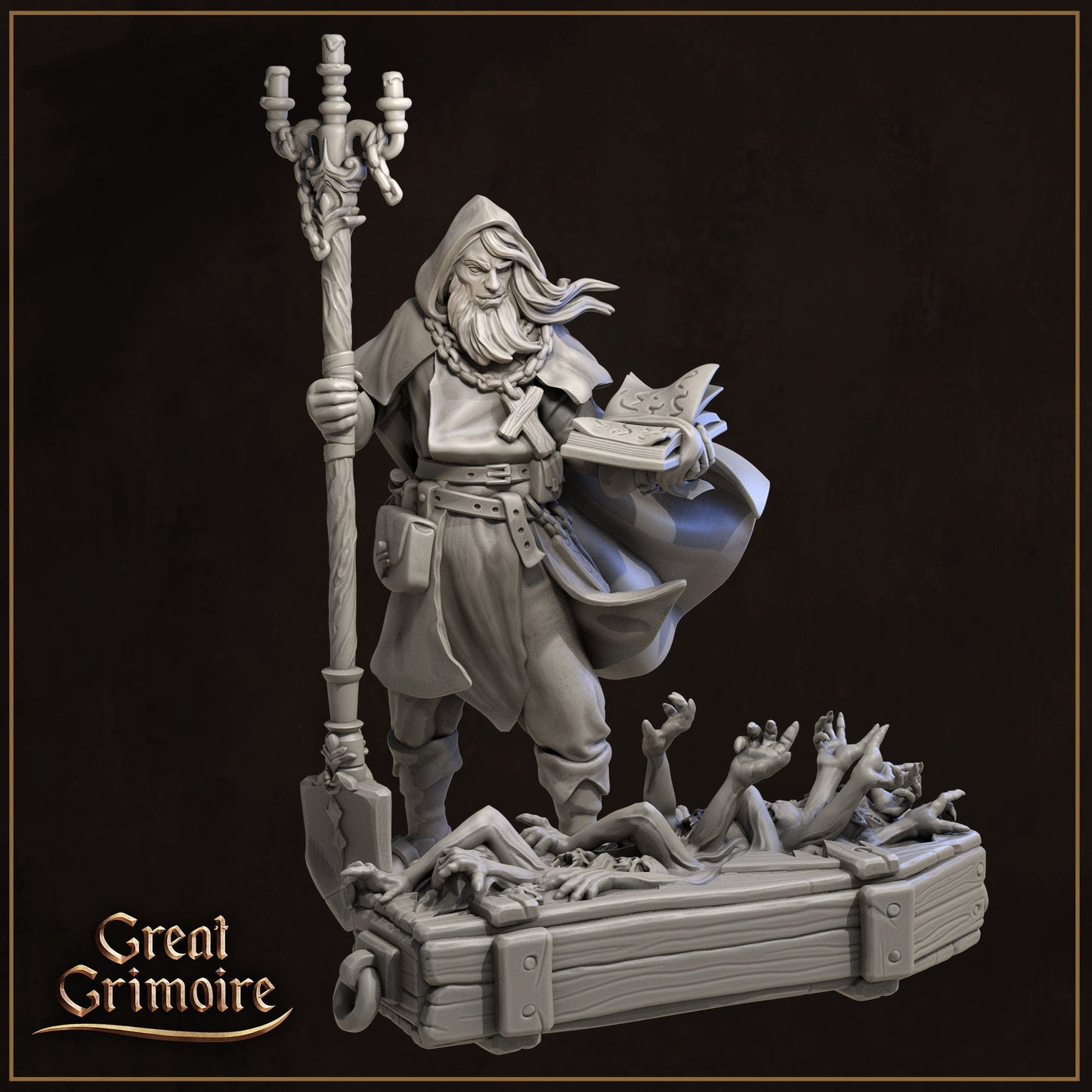 Hooded wizard miniature with staff and spellbook, standing by a chest with clawing hands