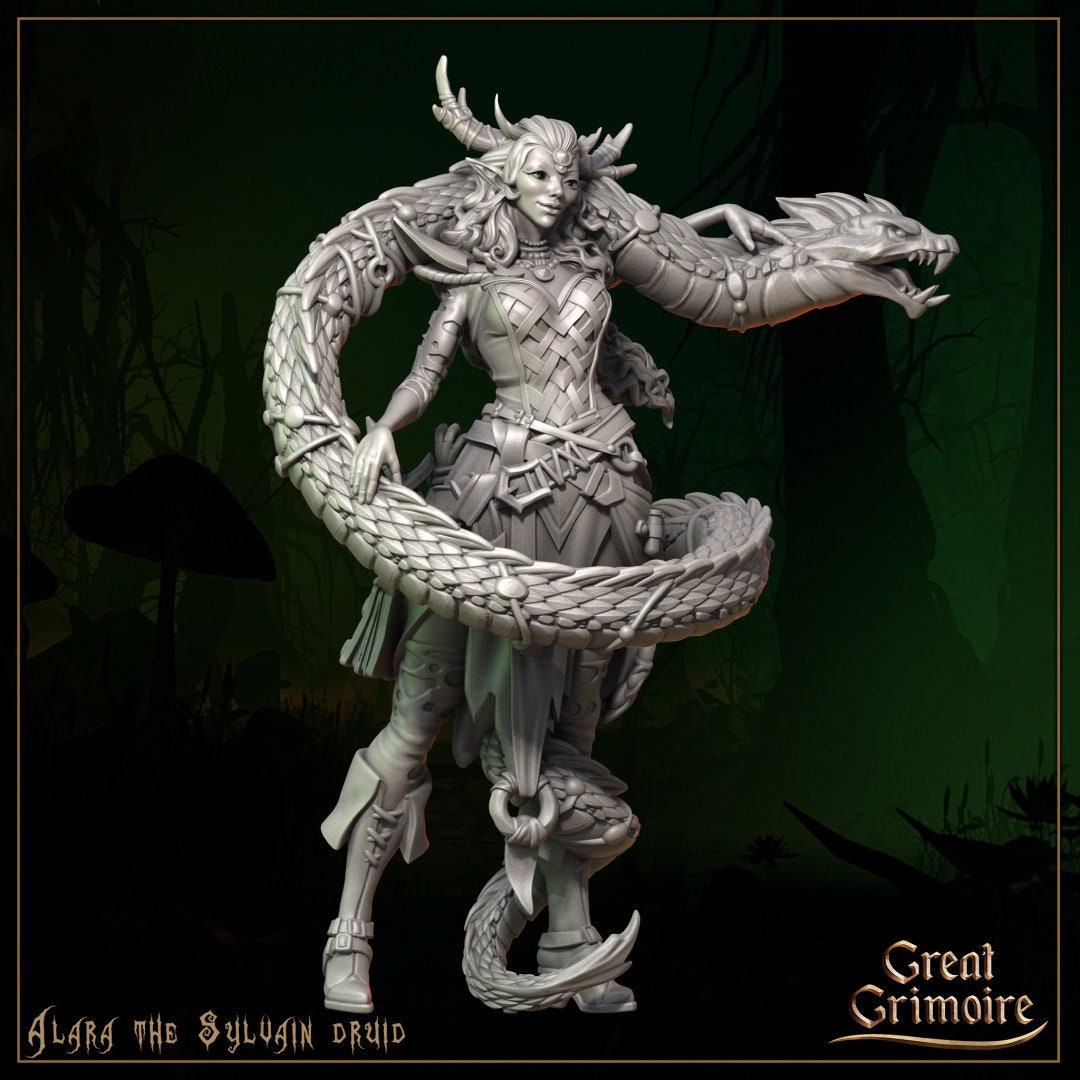Fantasy druid miniature with horns and dragon-shaped serpent in forest, Great Grimoire