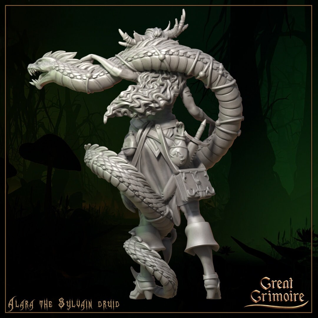 Fantasy druid miniature with a large serpent, detailed sculpt, forest background.