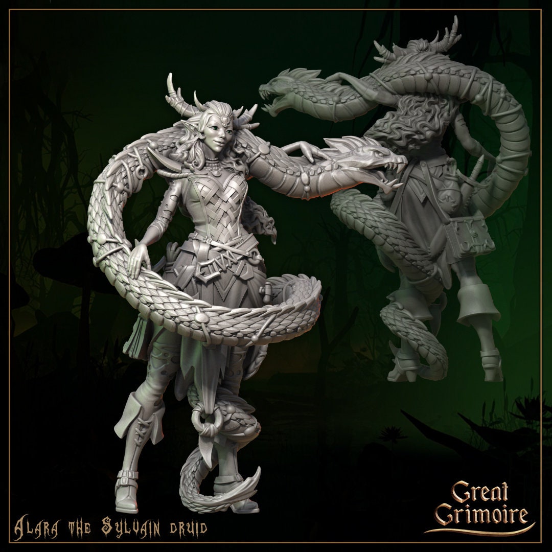 Alara the Sylvain Druid 3D fantasy miniature with dragon and detailed armor, Great Grimoire