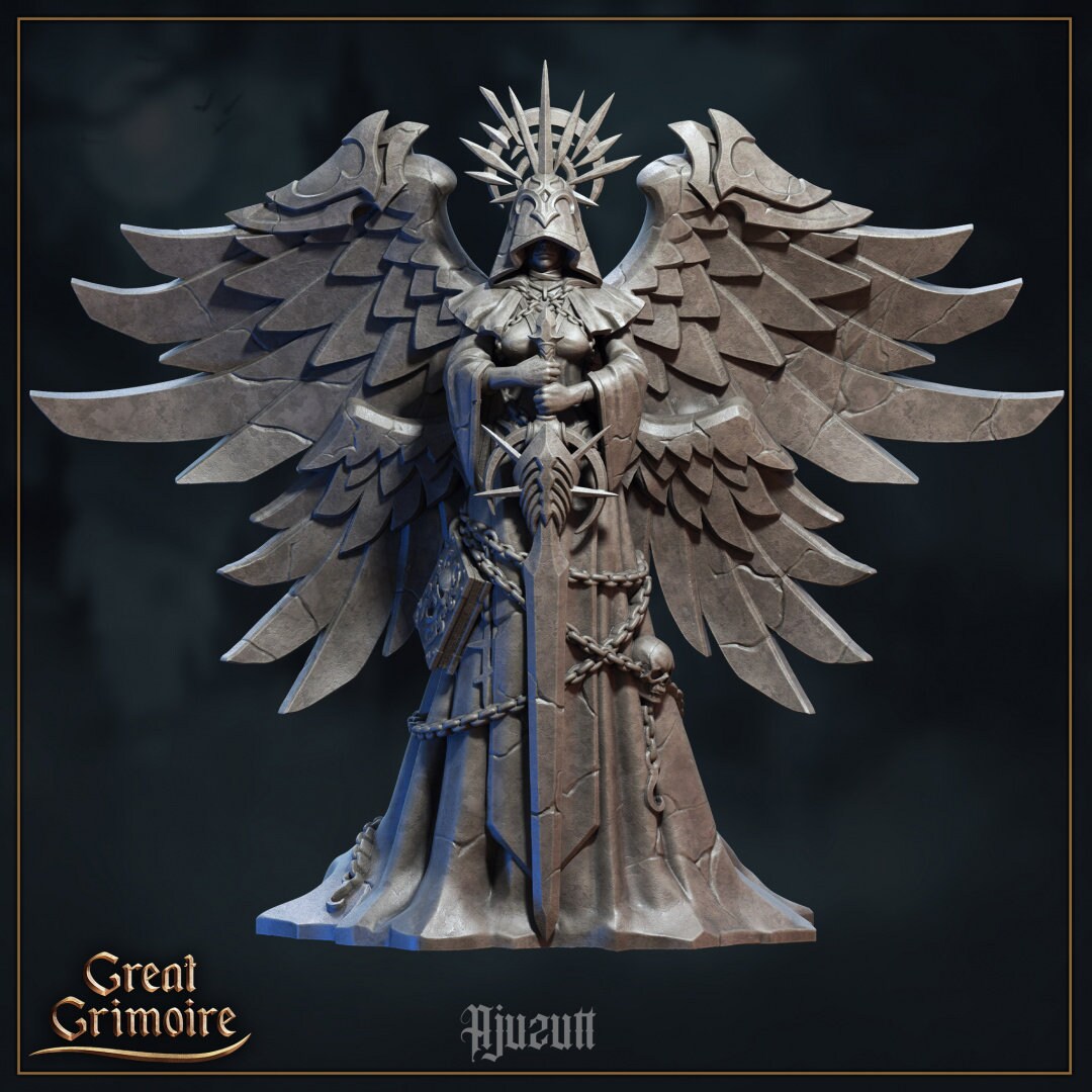 Stone angel statue with large wings, spiked crown, chained robe, and sword, fantasy decor