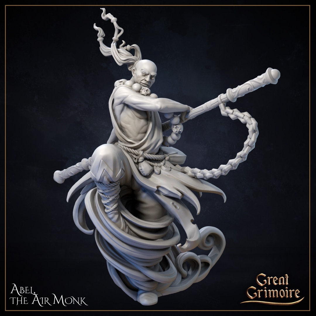 Dynamic 3D sculpt of Abel the Air Monk, fantasy miniature, martial artist with staff, swirling robes