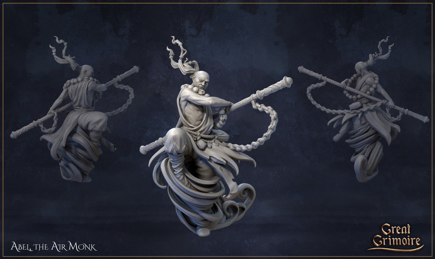 3D miniature of Abel the Air Monk wielding staff, swirling robes, fantasy character model