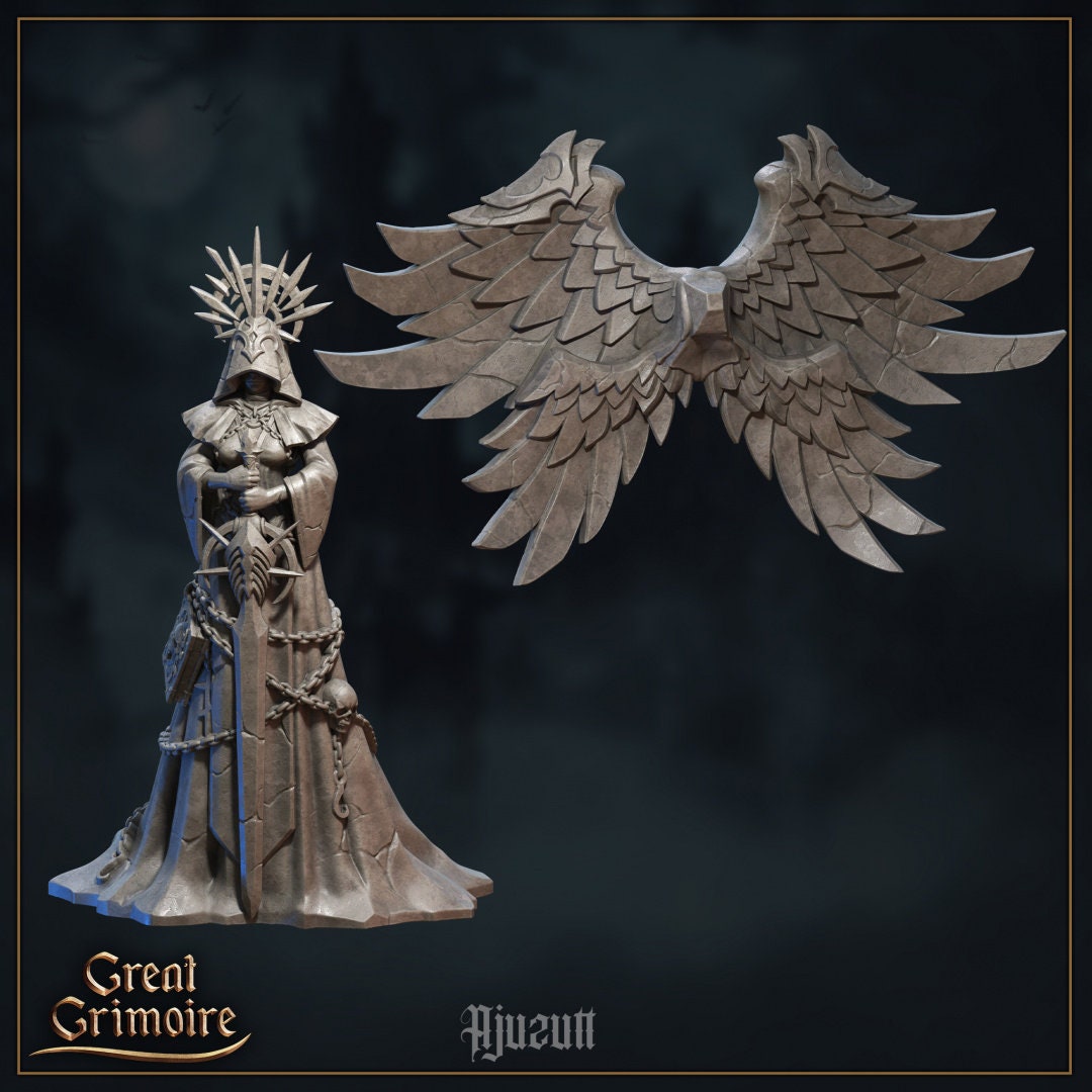 grim dark fantasy hooded statue with sword, chains, skull, and large sculpted angel wings