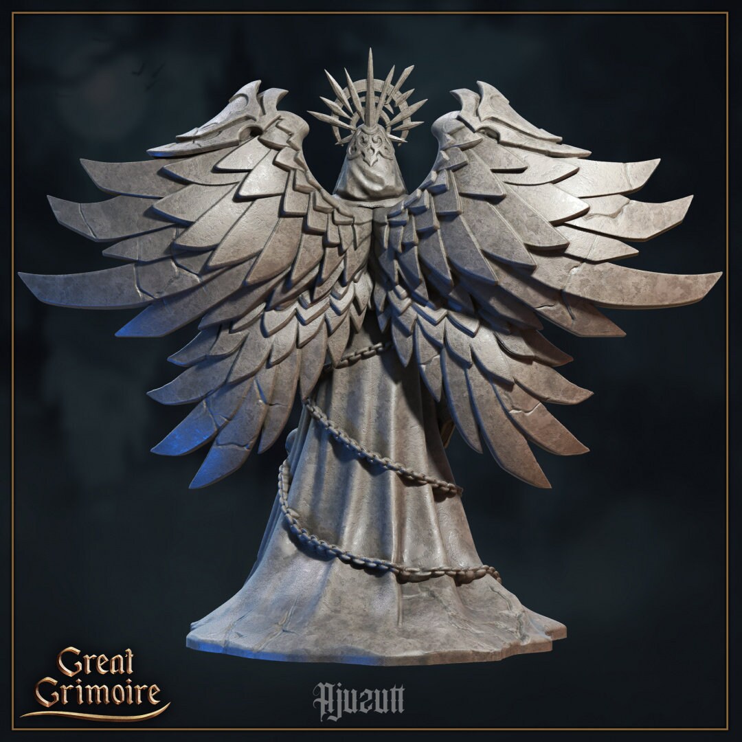 Stone angel statue with layered wings, chained robe, and spiked crown, fantasy decor