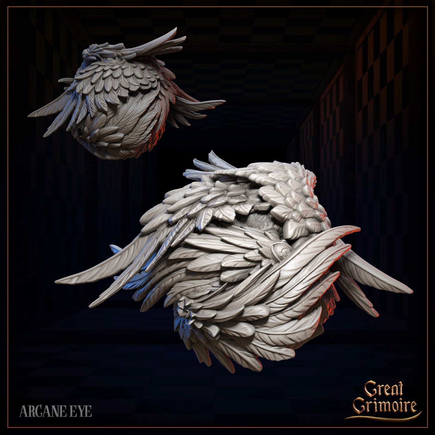 Fantasy arcane eye sculpture with layered feathers in a dark, checkerboard room, Great Grimoire