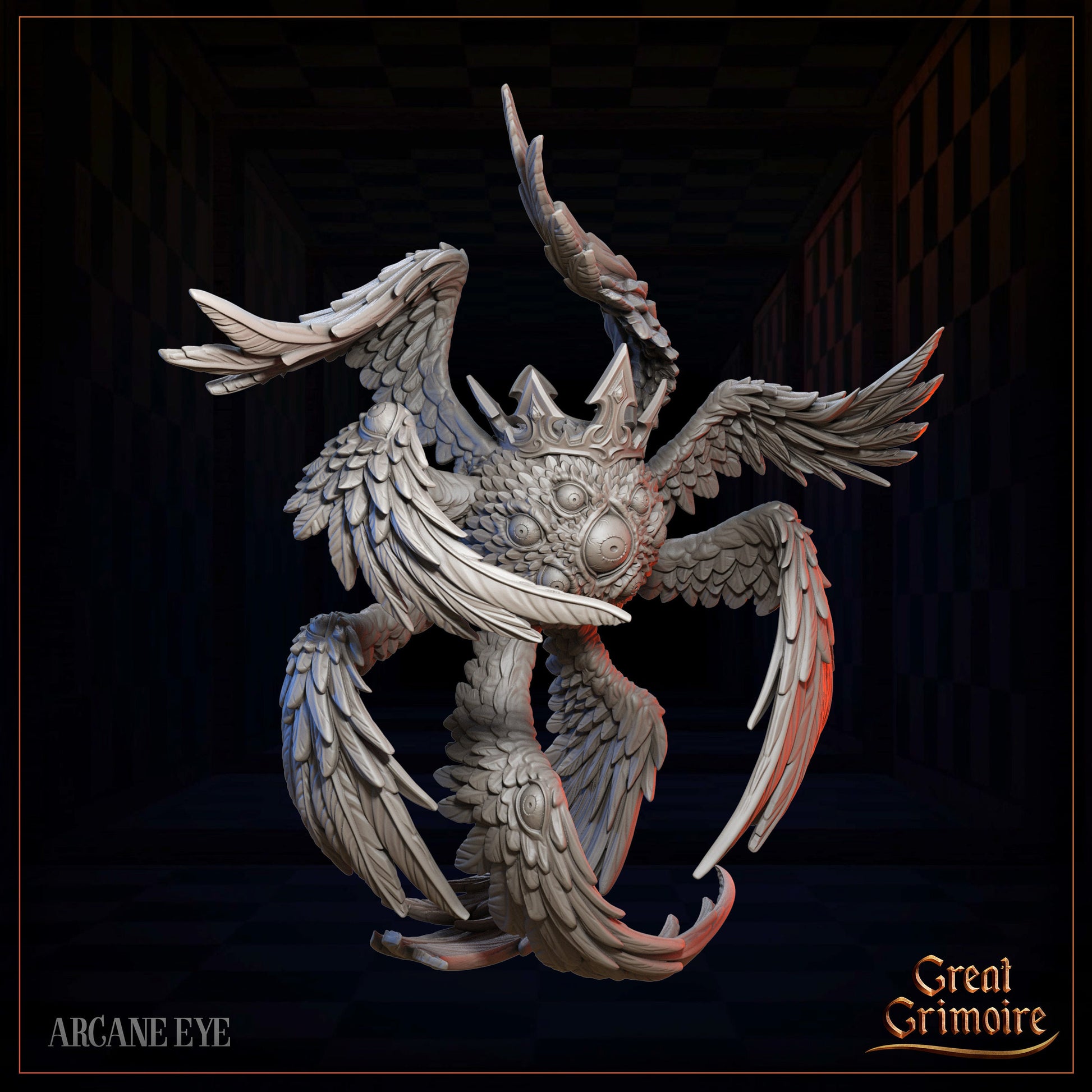 Detailed fantasy miniature of a winged, multi-eyed arcane creature in a dark chamber.