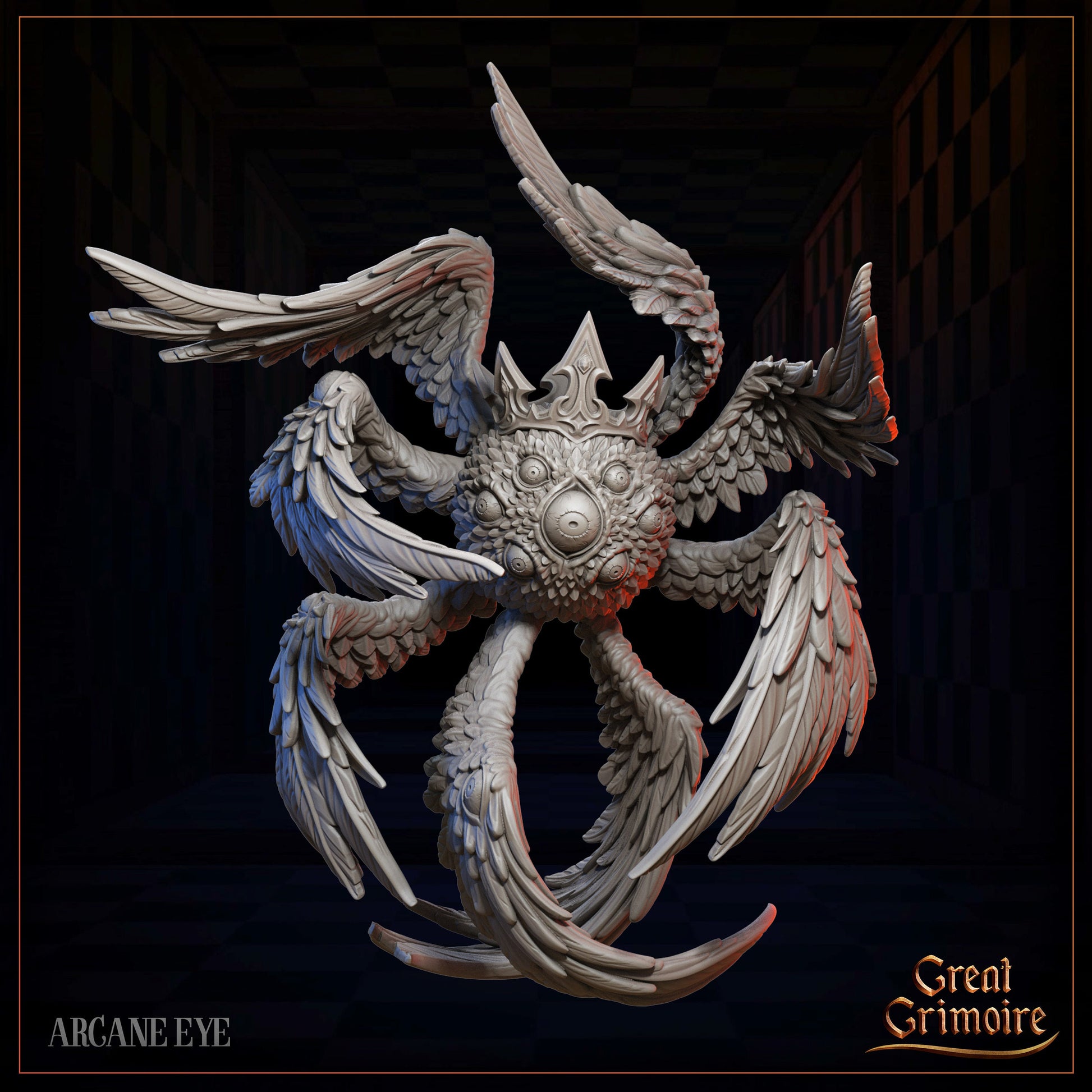 3D fantasy creature with many feathered wings, a central eye, and a crown, in a dark room