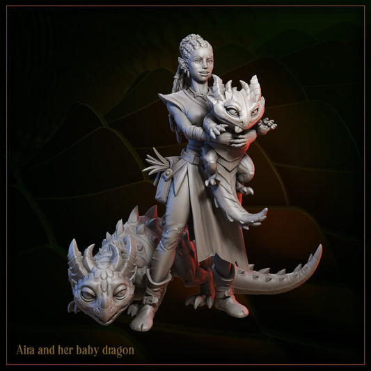 Fantasy elf woman holding a baby dragon, standing beside another dragon, 3D sculpture.