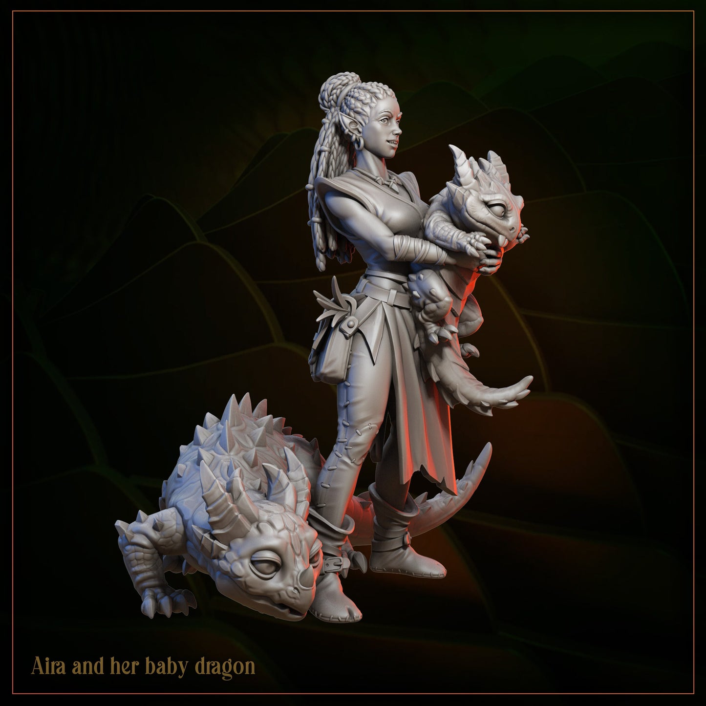 Fantasy female warrior figure holding baby dragon, another baby dragon at her feet, 3D model