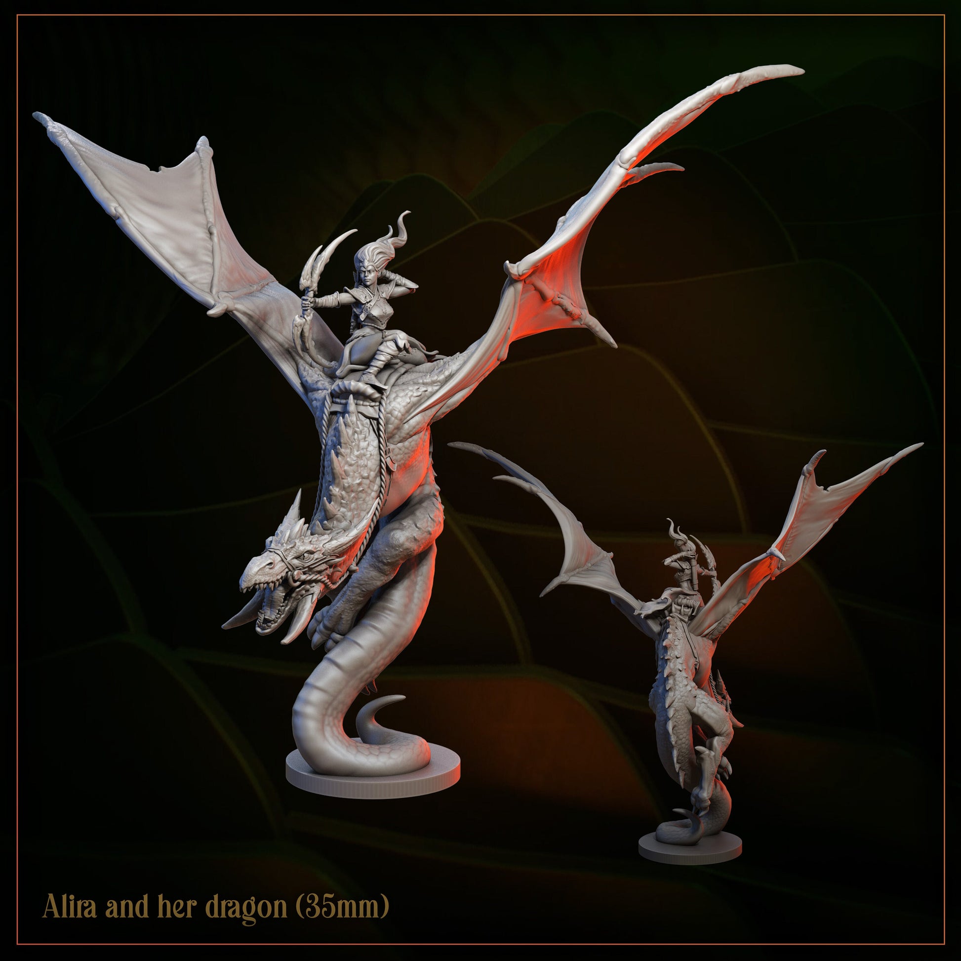 35mm fantasy miniature of warrior woman riding large dragon, detailed resin figure on display