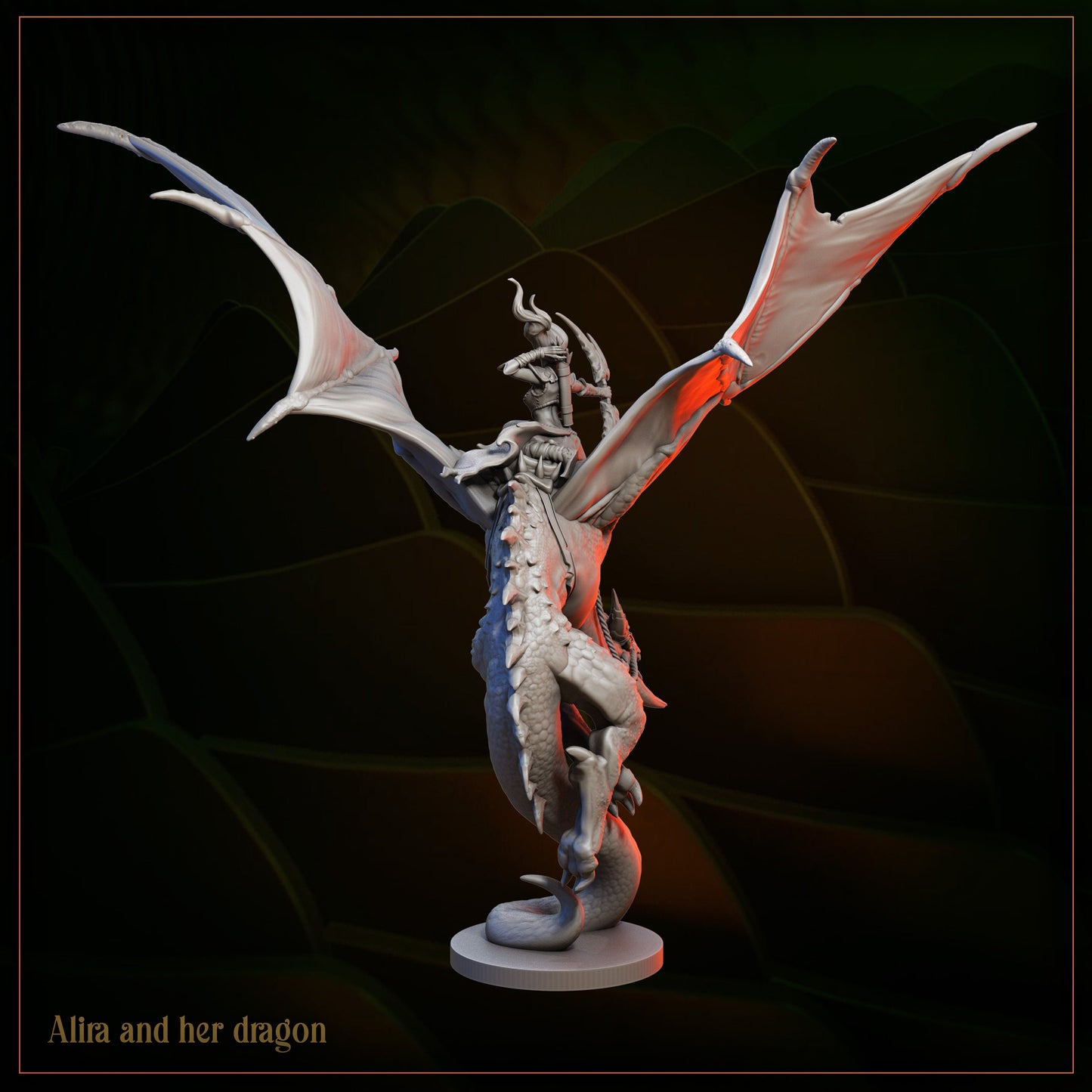 Fantasy miniature of armored female warrior riding a dragon with large wings, dark backdrop.