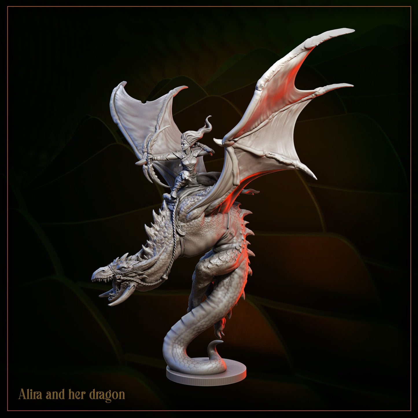 Fantasy miniature of armored female warrior riding a detailed dragon with large wings.