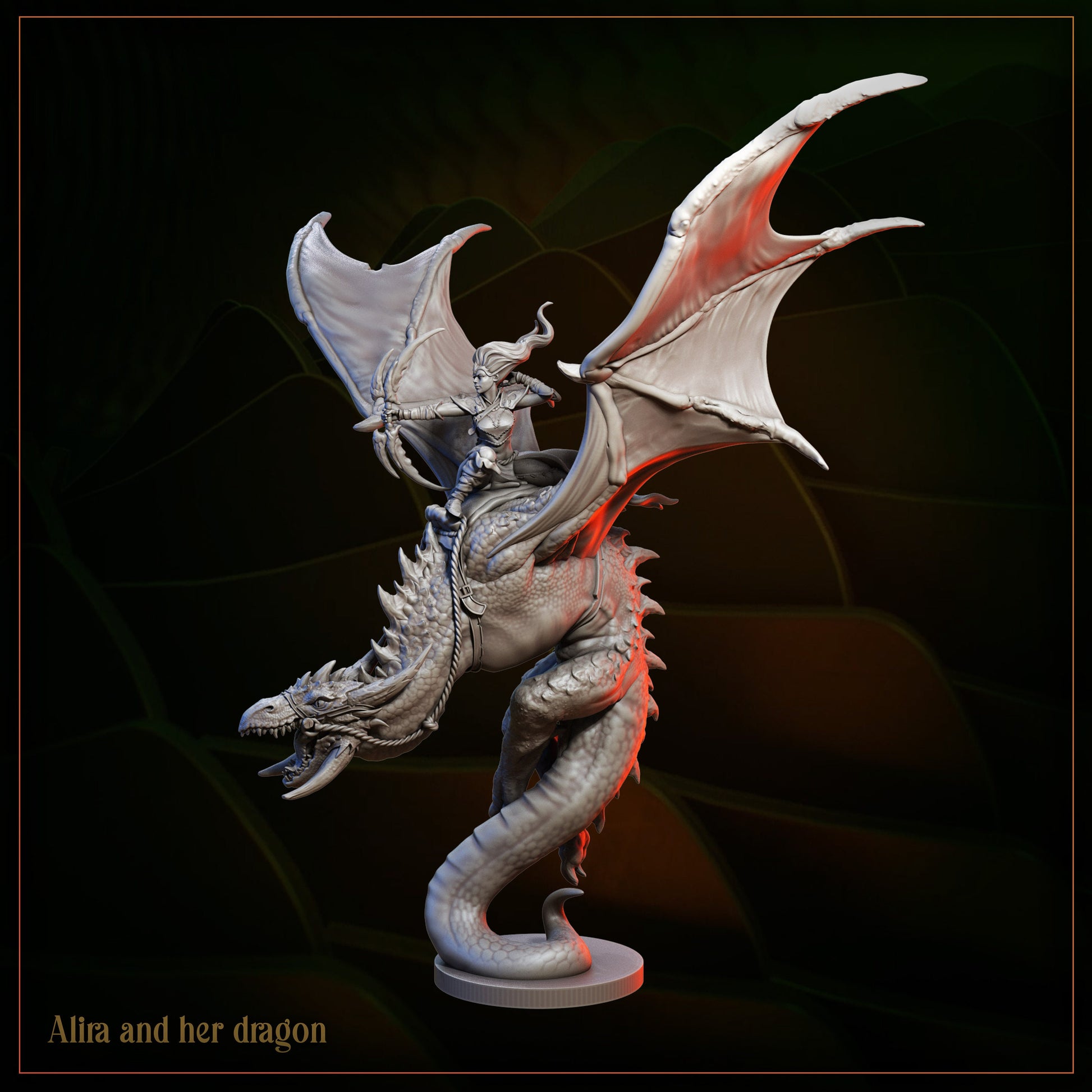 Fantasy miniature of armored female warrior riding a detailed dragon with large wings.