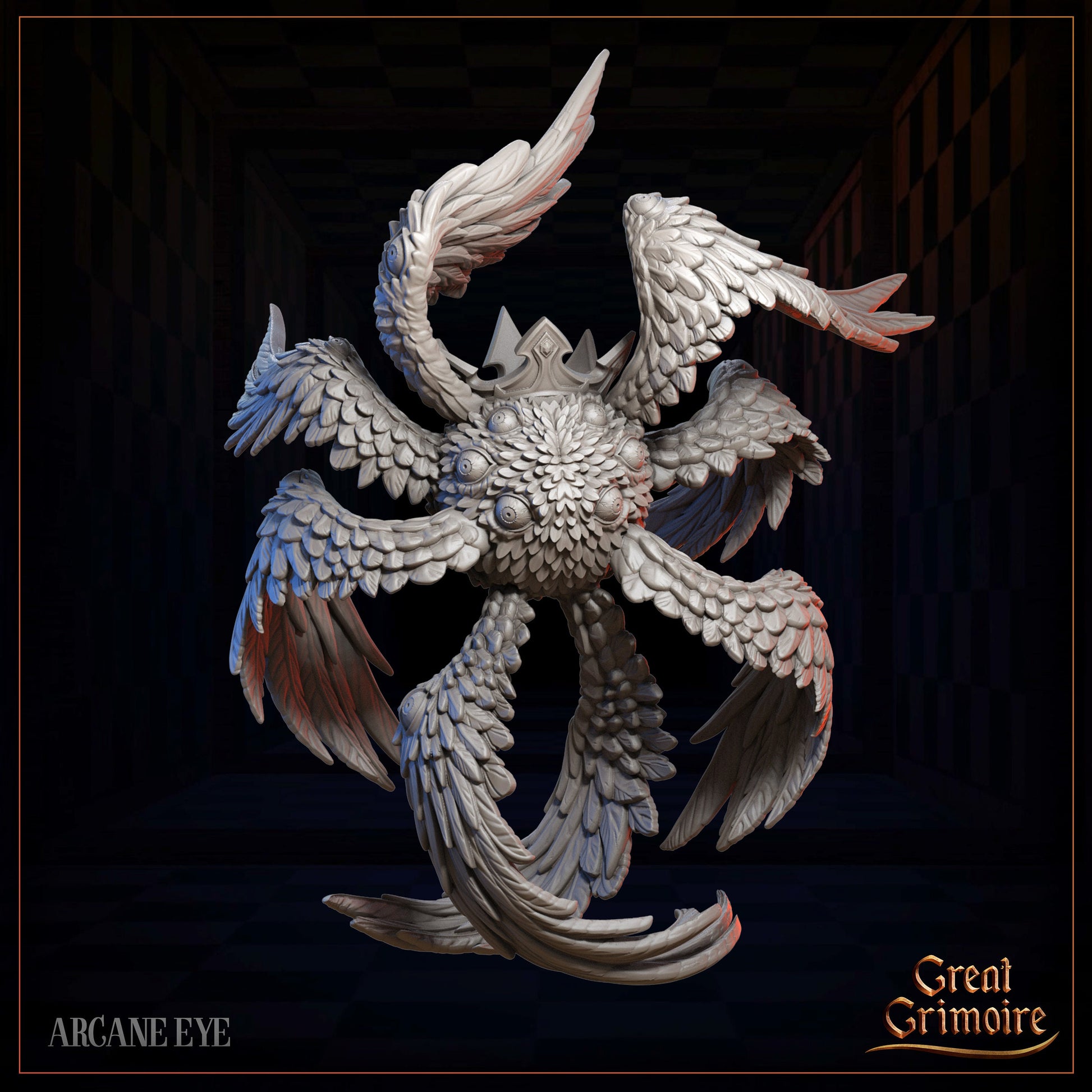 Fantasy angelic creature with multiple feathered wings and eyes, 3D model on dark background