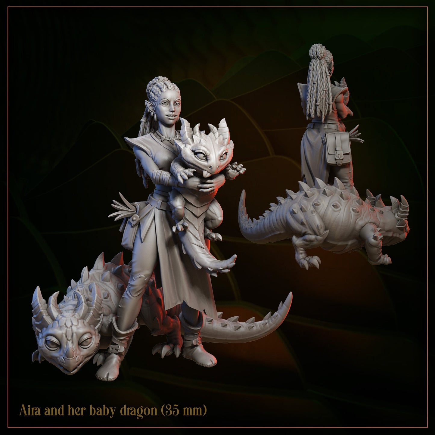 3D miniature of a woman holding a baby dragon, detailed fantasy sculpt, 35mm figure