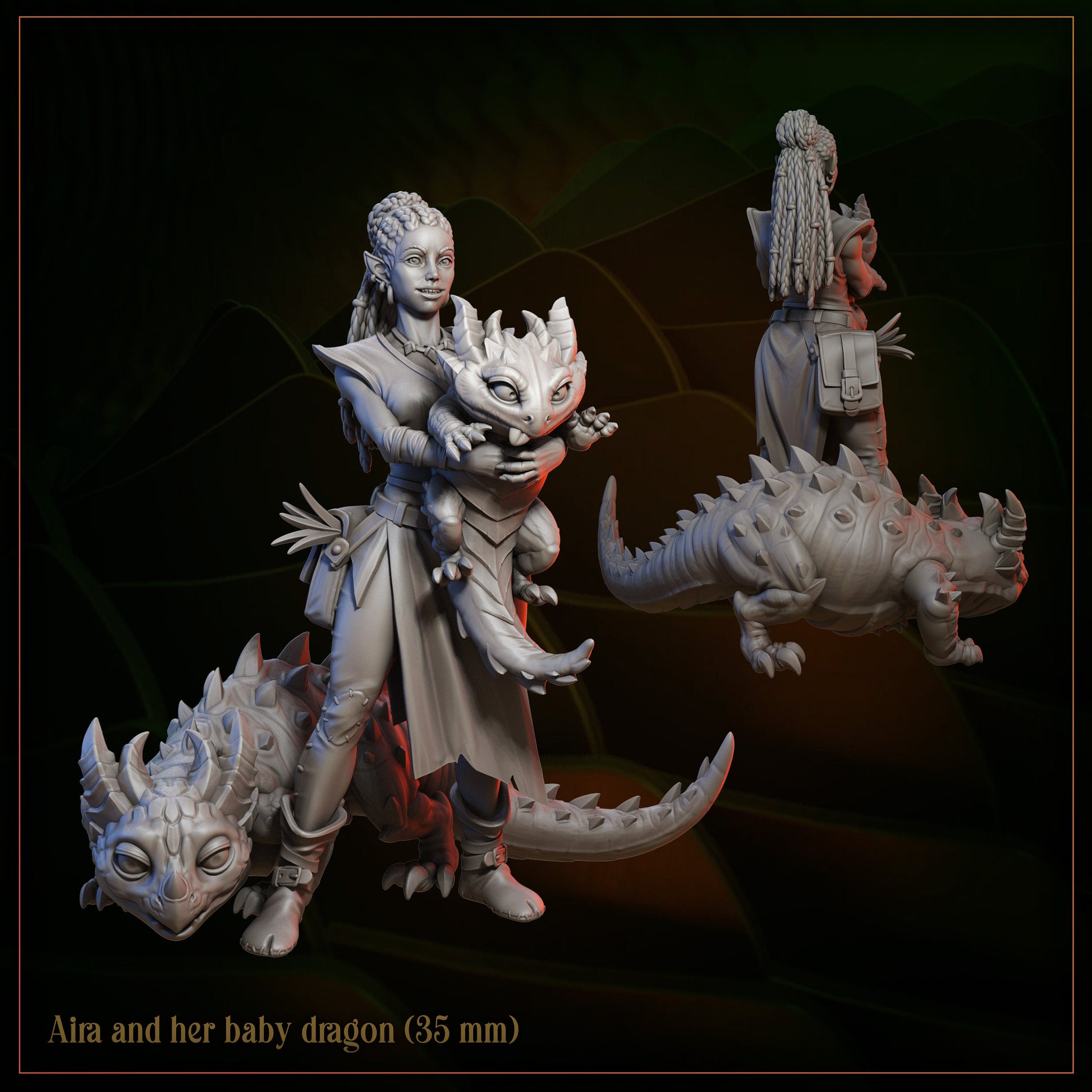 3D miniature of a woman holding a baby dragon, detailed fantasy sculpt, 35mm figure