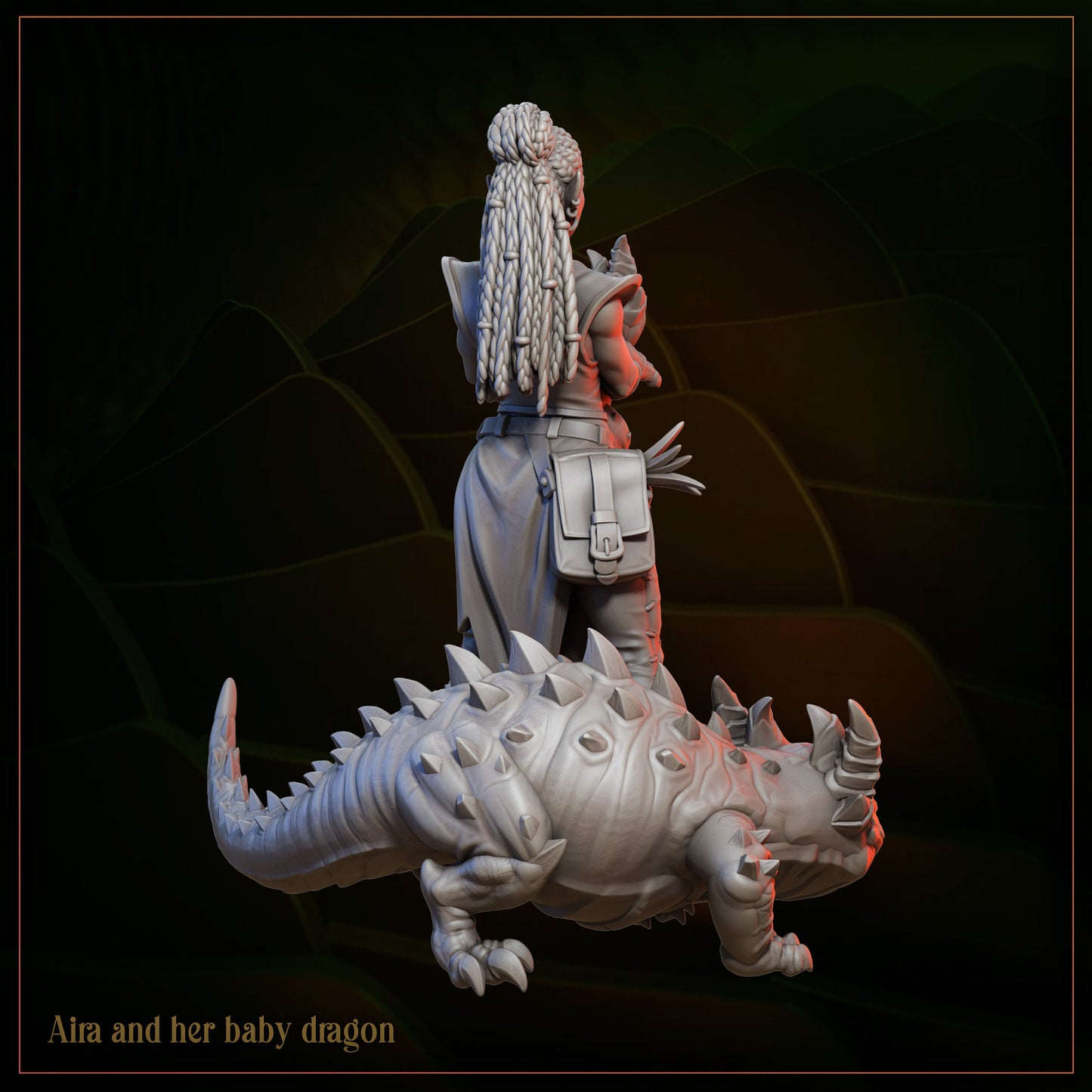 3D model of a woman with braided hair standing beside a spiky baby dragon, fantasy art