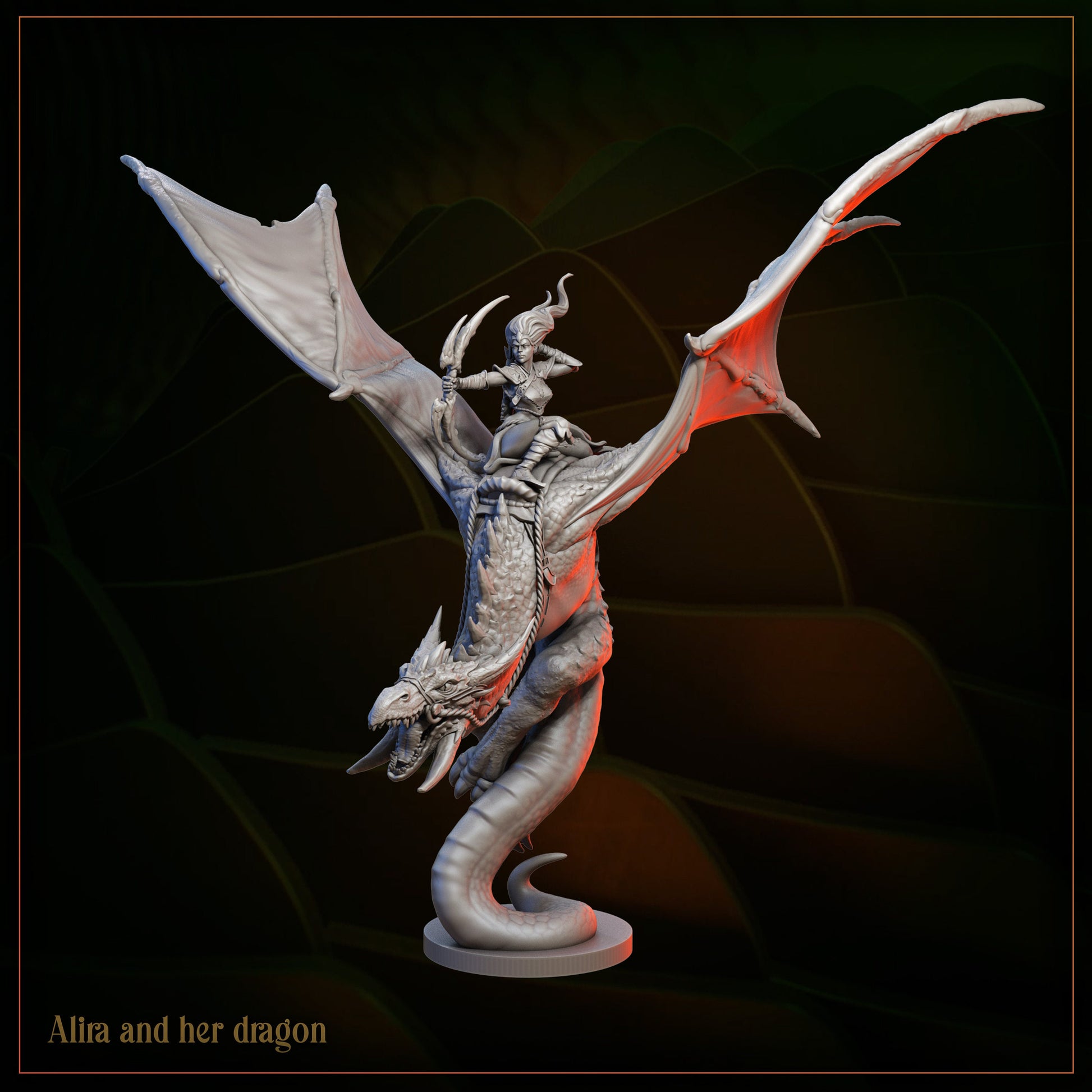 Fantasy miniature of armored female warrior riding large dragon with outstretched wings
