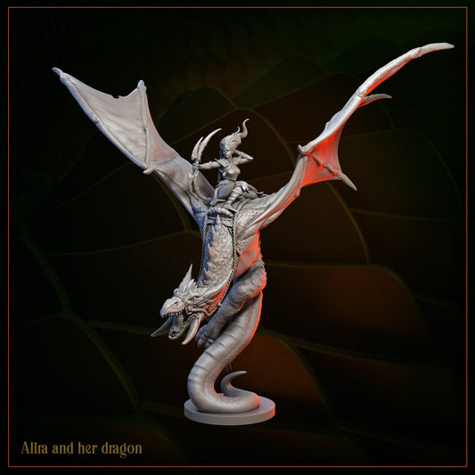 Fantasy miniature of armored female warrior riding large dragon with outstretched wings