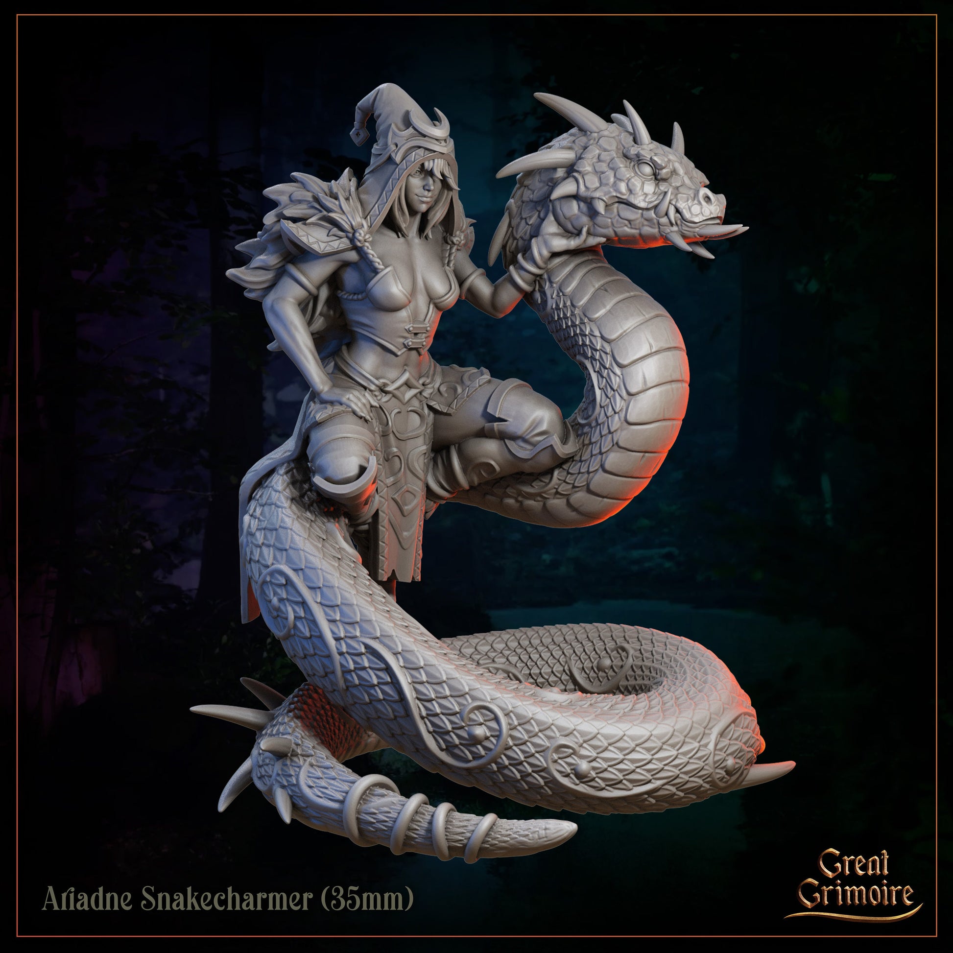 35mm Ariadne Snakecharmer miniature riding a detailed dragon-like serpent, fantasy figure