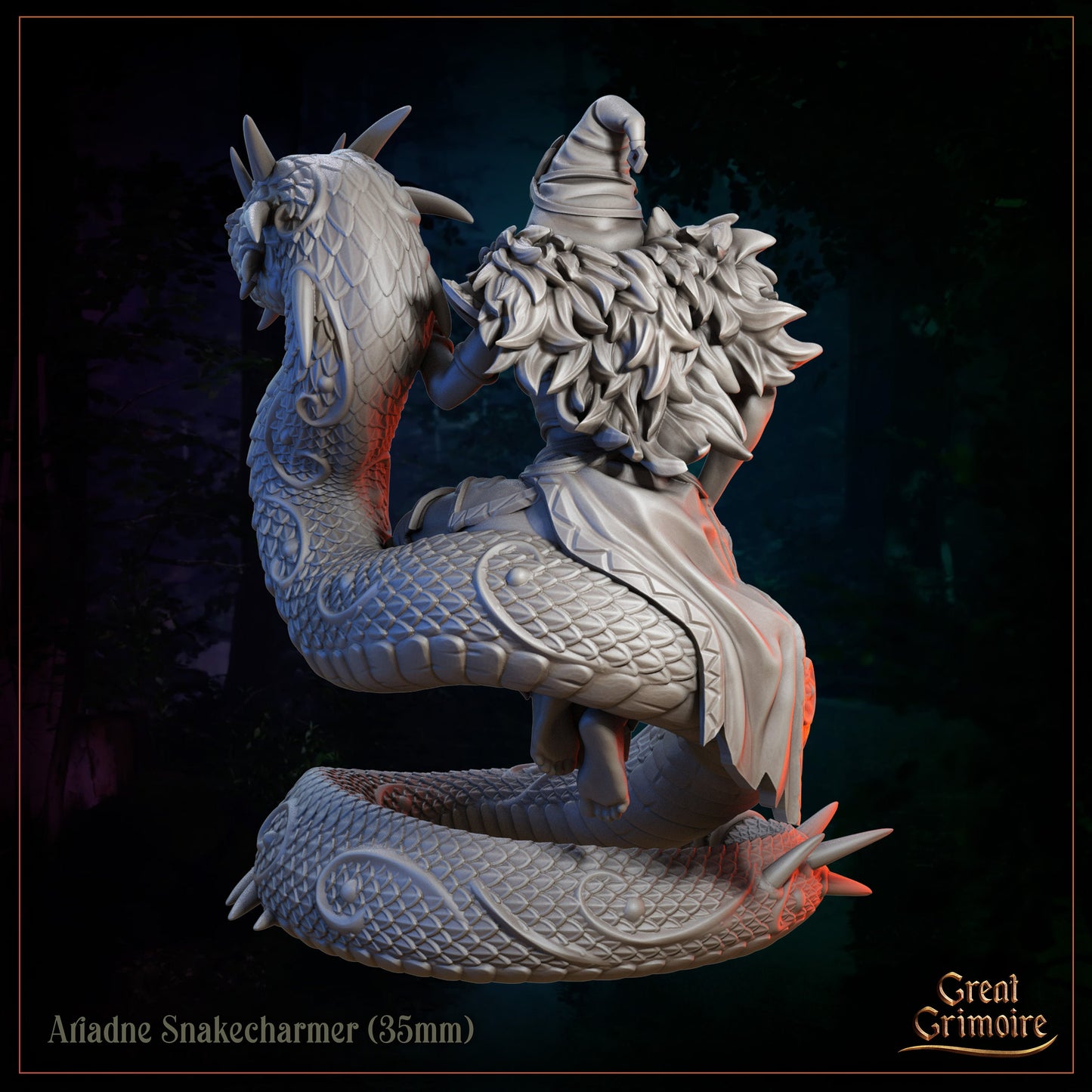 Ariadne Snakecharmer 35mm fantasy miniature, woman riding coiled serpent in forest, Great Grimoire