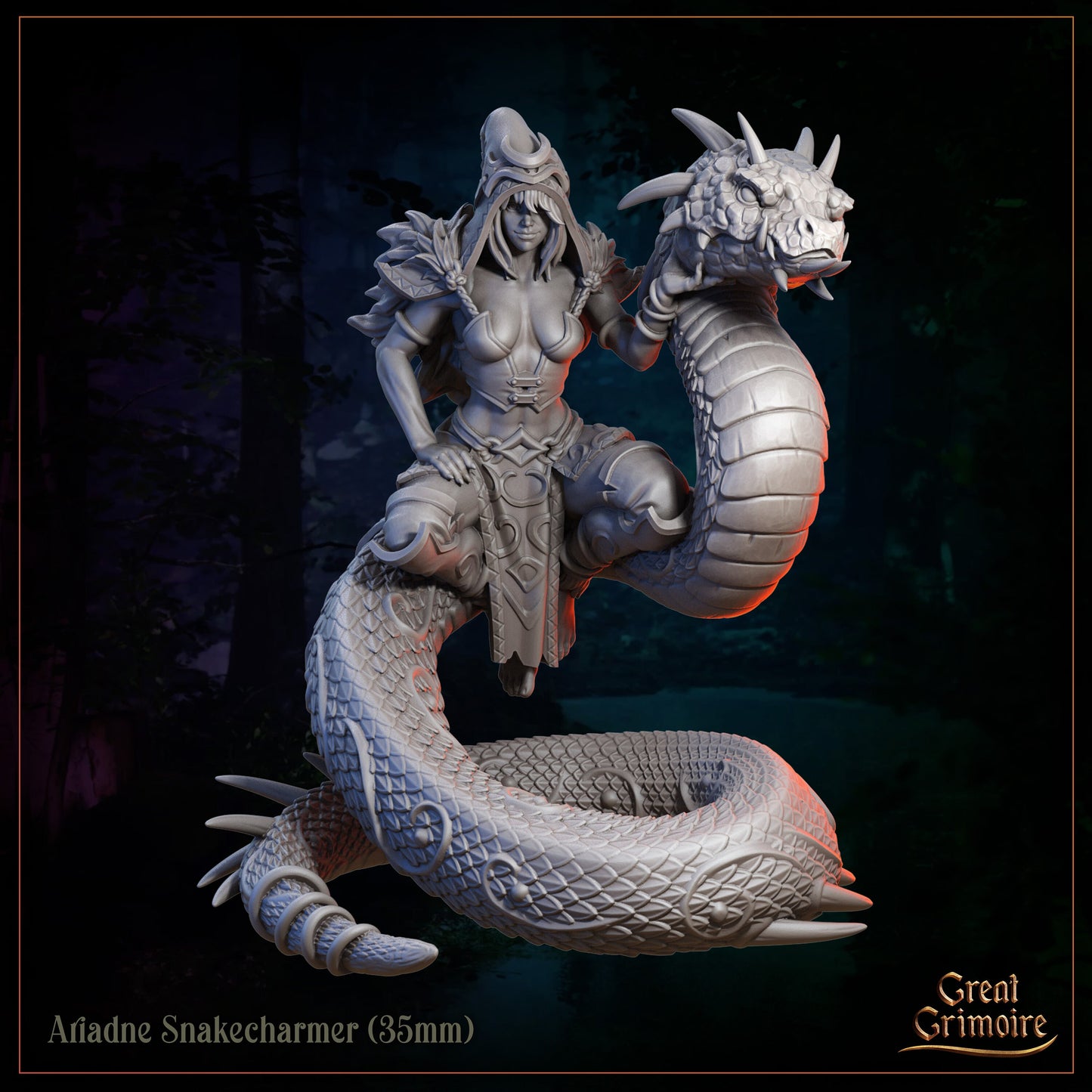 35mm Ariadne Snakecharmer fantasy miniature with armored female figure and large serpent