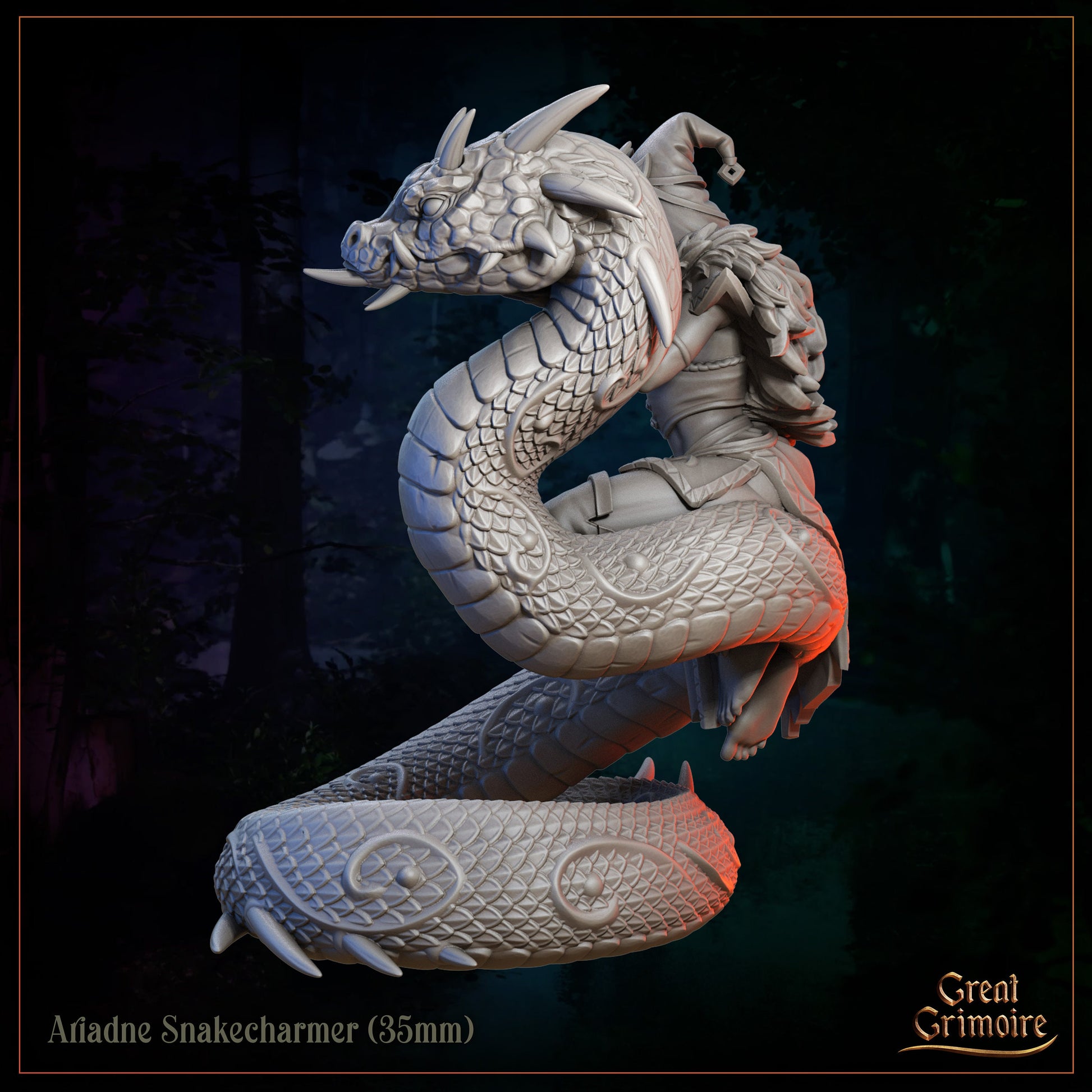 Ariadne Snakecharmer 35mm fantasy miniature of a woman riding a coiled serpent, Great Grimoire