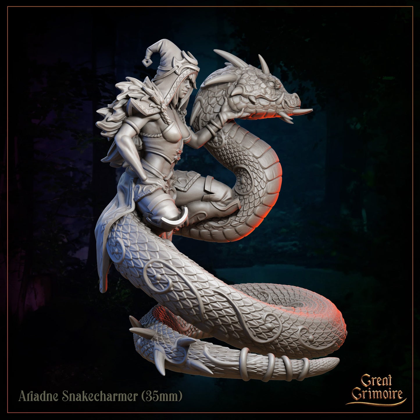 Ariadne Snakecharmer 35mm fantasy miniature with armored woman riding coiled dragon serpent.