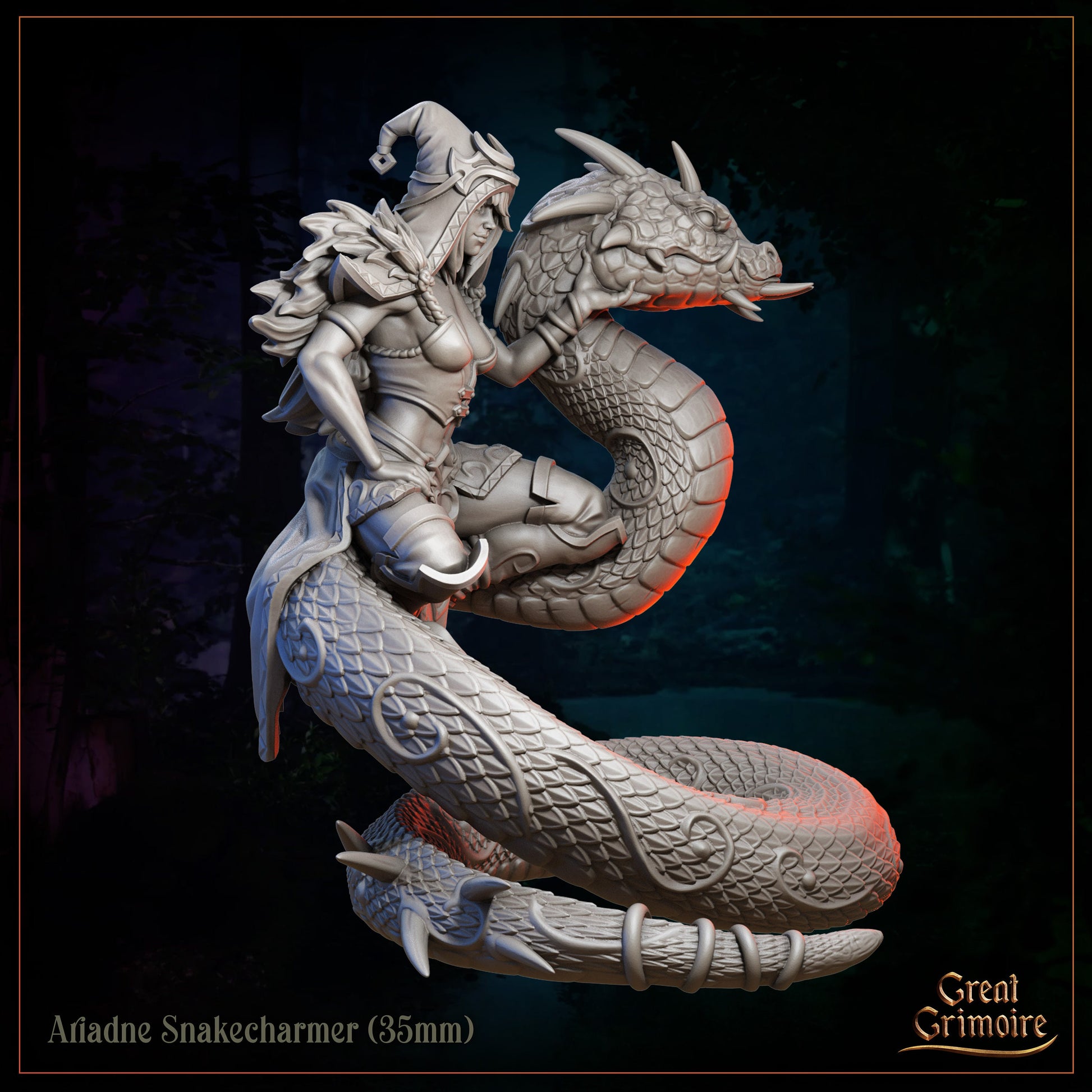 Ariadne Snakecharmer 35mm fantasy miniature with armored woman riding coiled dragon serpent.