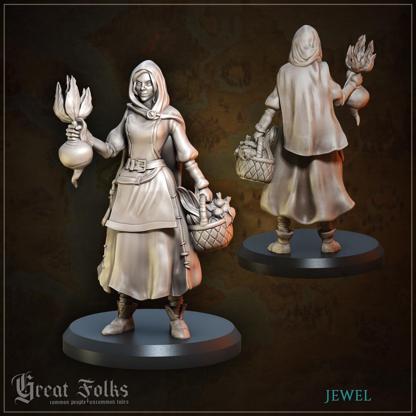 Hooded female miniature figurine holding root vegetables and a basket, fantasy RPG model