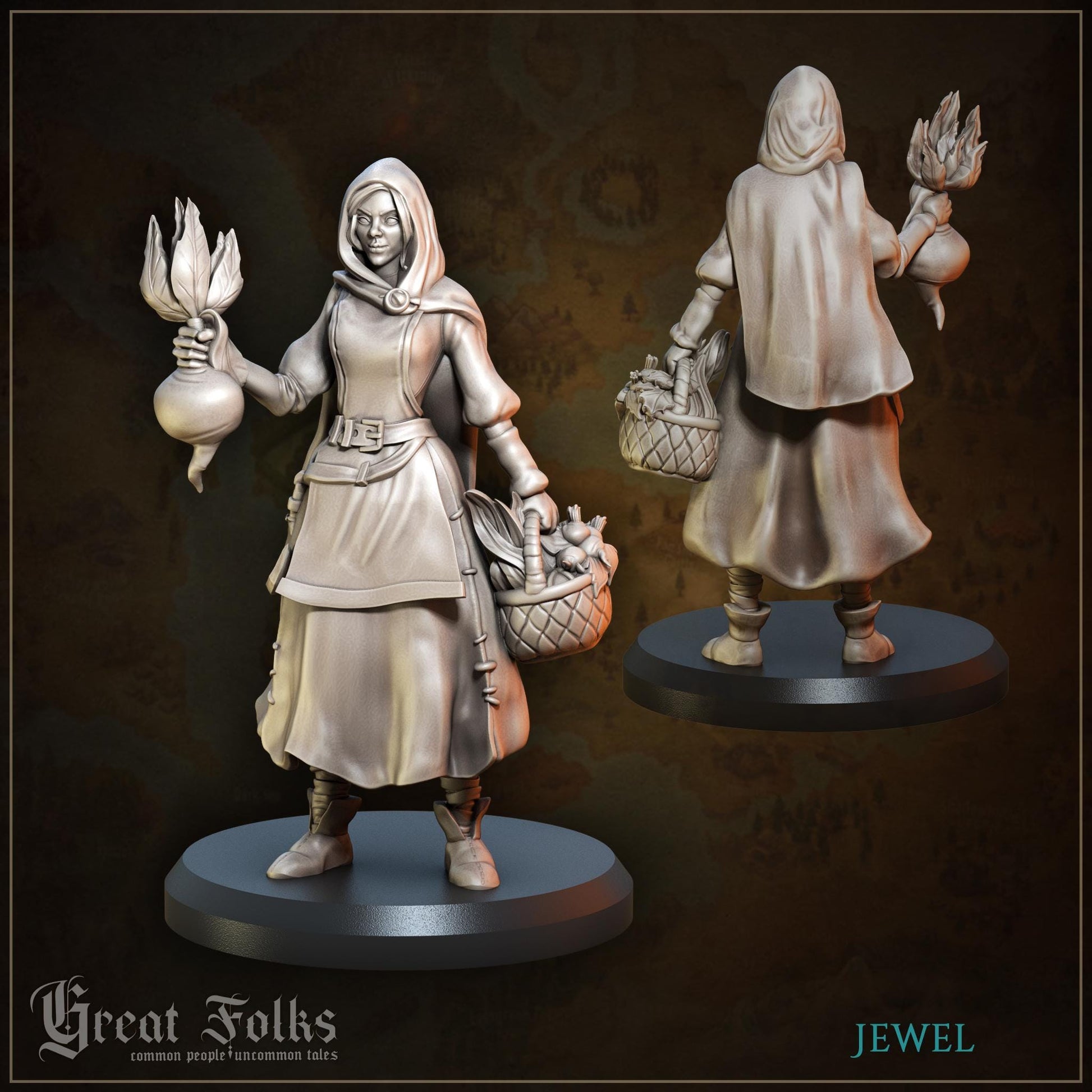 Hooded female miniature figurine holding root vegetables and a basket, fantasy RPG model