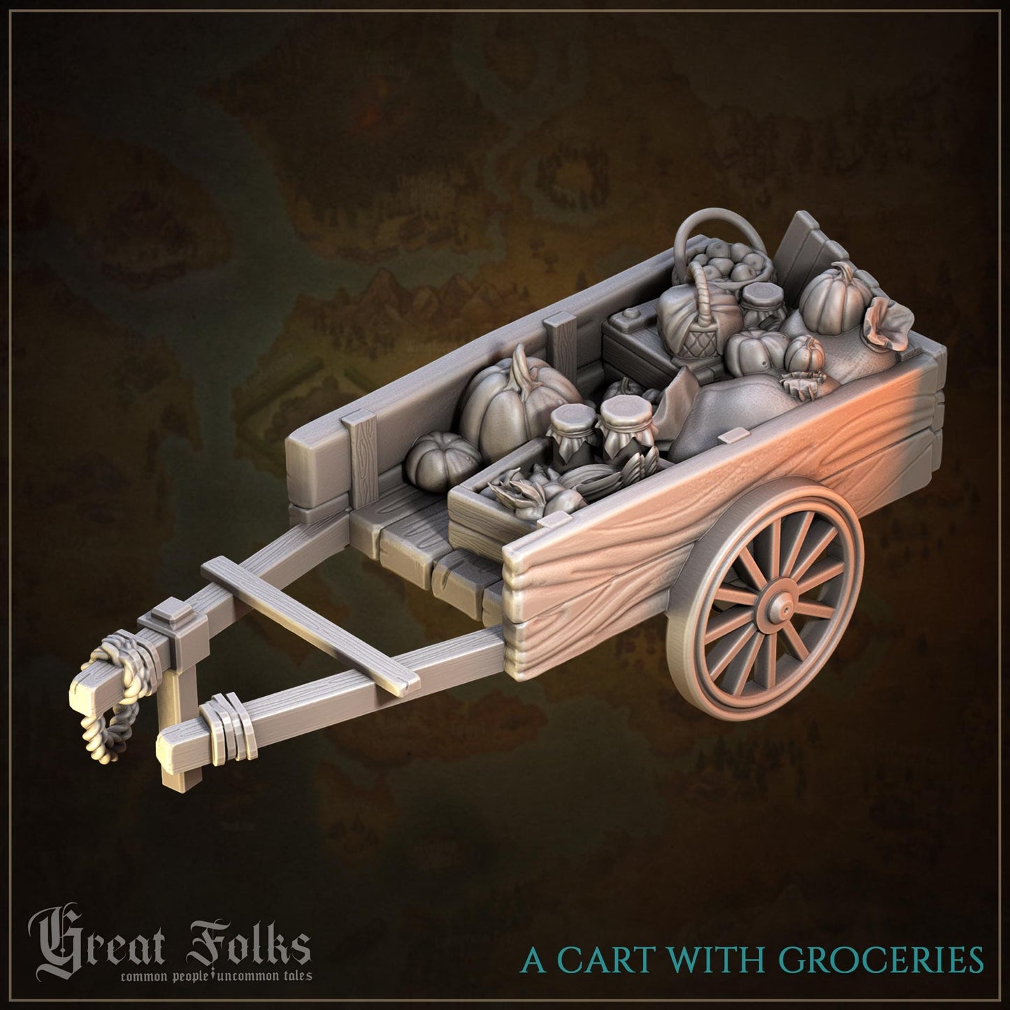 3D model of wooden cart filled with pumpkins, jars, and groceries on fantasy map background