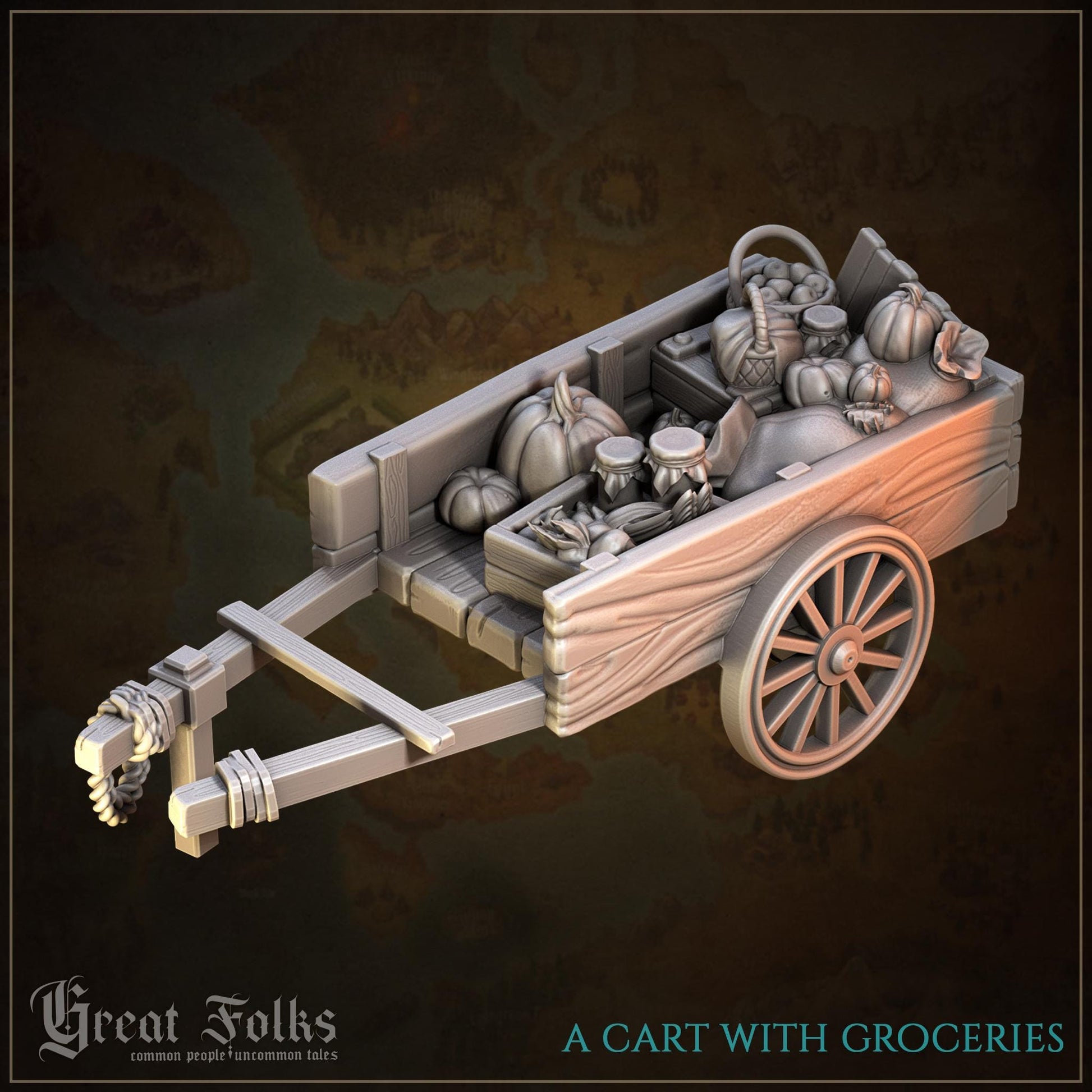 3D model of wooden cart filled with pumpkins, jars, and groceries on fantasy map background
