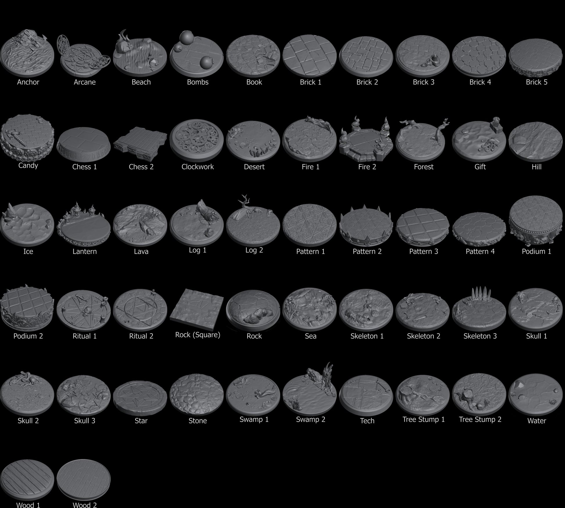 Grayscale assortment of 40 textured round mini bases for tabletop gaming, labeled by theme.