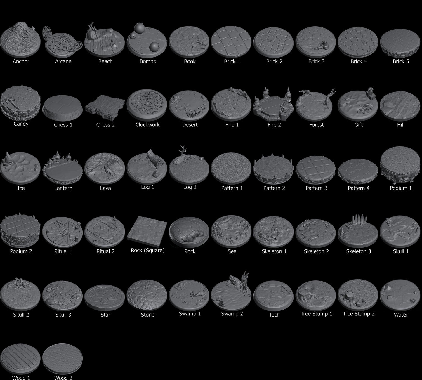 Set of 3D sculpted round bases for miniatures, each with unique themed textures and objects.