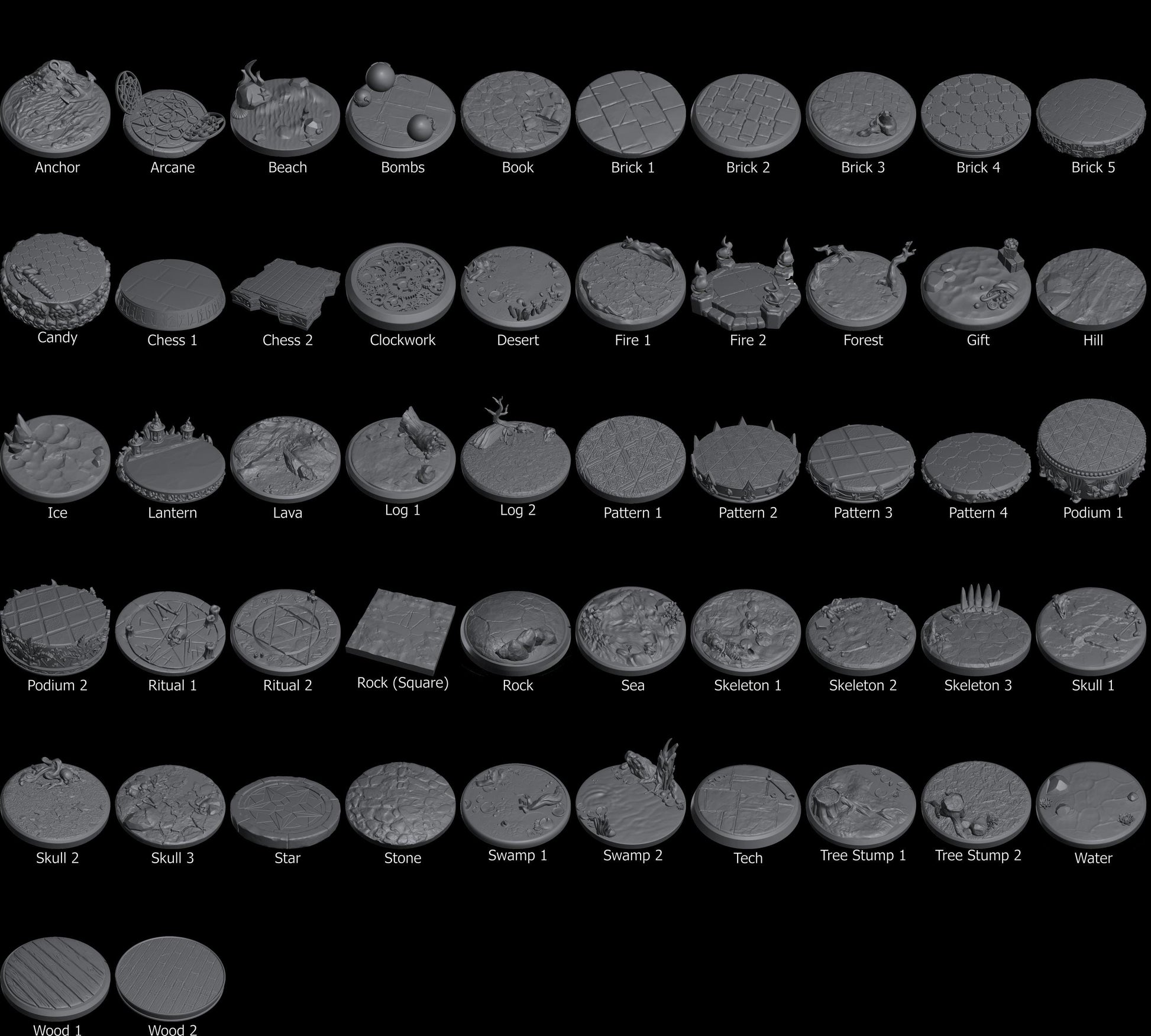 Collection of round textured miniature bases with fantasy designs, names labeled on black background.